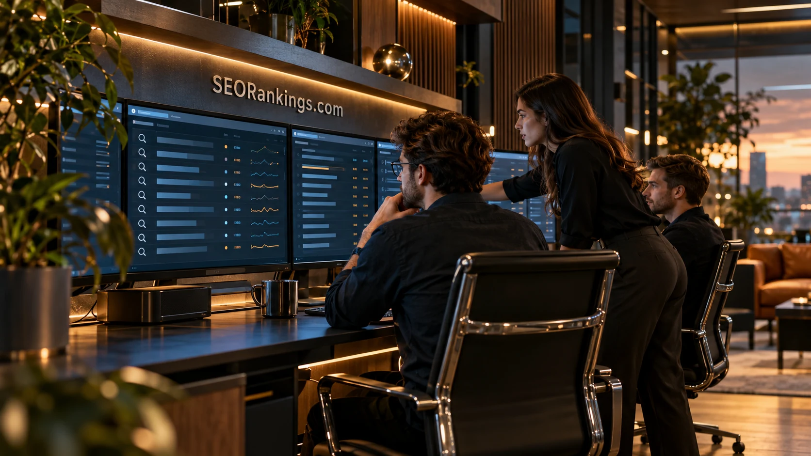 Search analysts working with visibility data in a warmly lit contemporary workspace